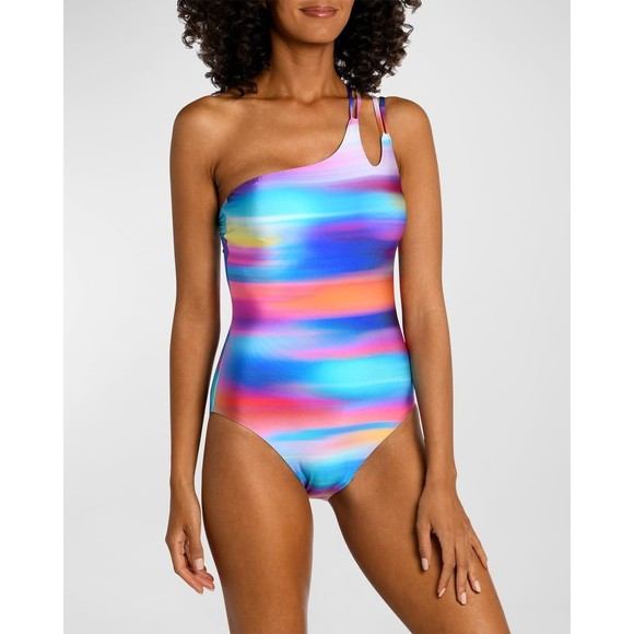 La Blanca Swimsuit Multi Sunset Shores Strappy One Shoulder, Nylon Blend, S - Picture 1 of 11